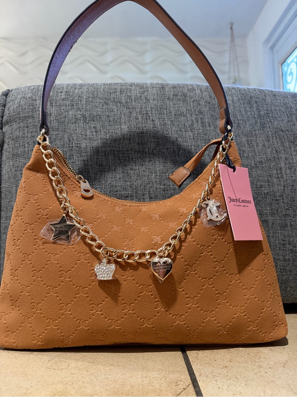 Juicy Couture Camel Suede Shoulder Bag with Gold Charm Chain